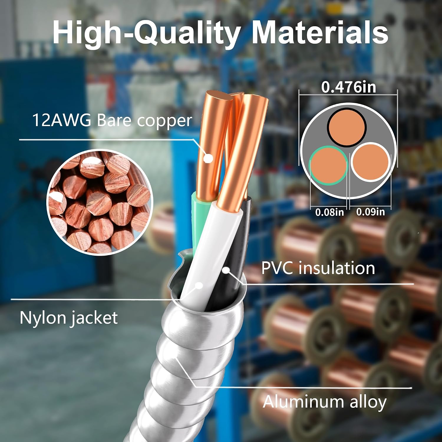 HUANCHAIN 12/2 MC Cable 250FT Solid Copper Wire with Aluminum Armor