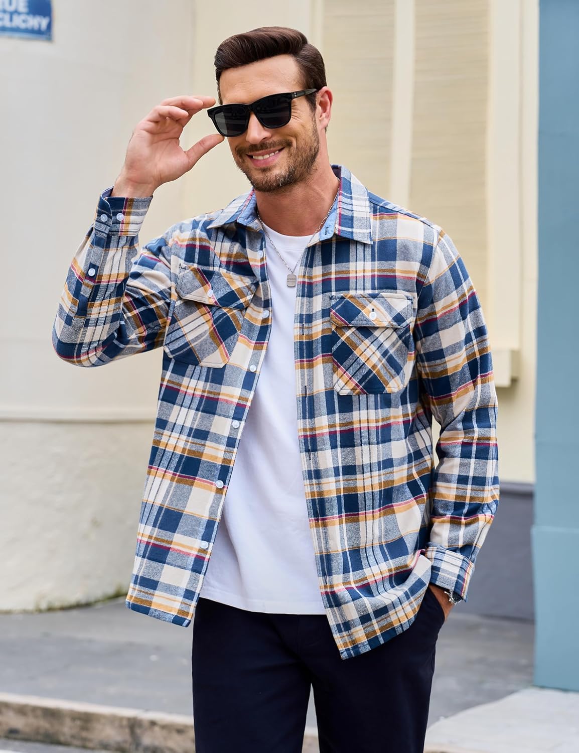 MAGCOMSEN Mens Flannel Shirts Long Sleeve Cotton Plaid Button Down Shirt