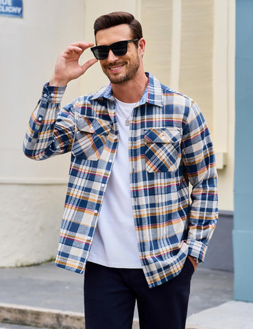MAGCOMSEN Mens Flannel Shirts Long Sleeve Cotton Plaid Button Down Shirt
