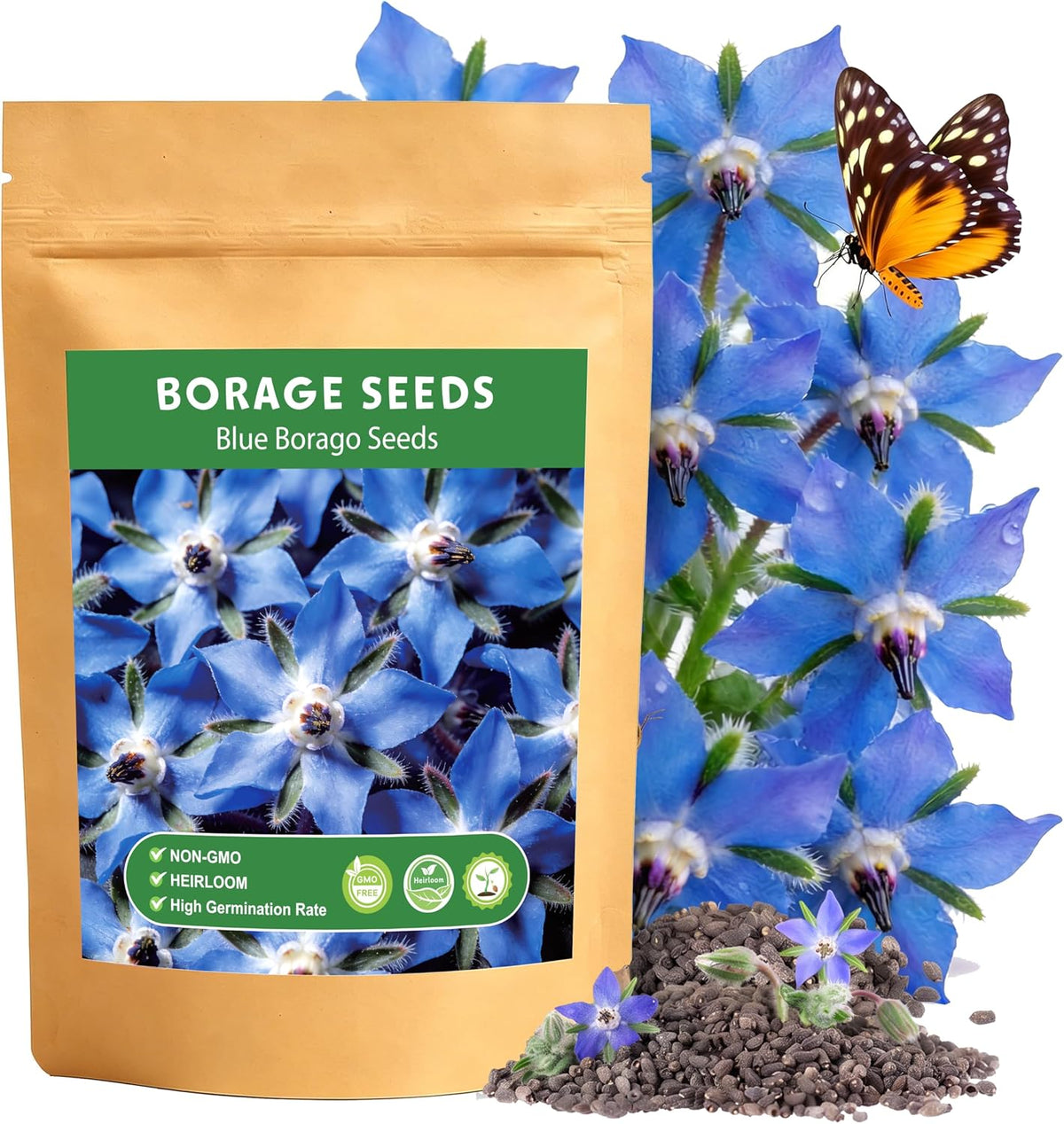 LUOJIBIE Borage Seeds, 2,000+ Blue Borage Seeds for Planting Outdoor & Indoor, Flower Seeds Bulk for Garden, Non-GMO & Heirloom, Easy to Grow
