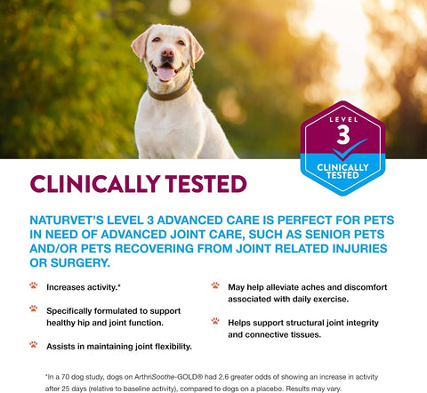 NaturVet ArthriSoothe-GOLD Level 3, MSM and Glucosamine for Dogs and Cats, Advanced Joint Care Support Supplement with Chondroitin and Omega 3, Clinically Tested, Chewable Tablets, Made in the USA, 120 Count