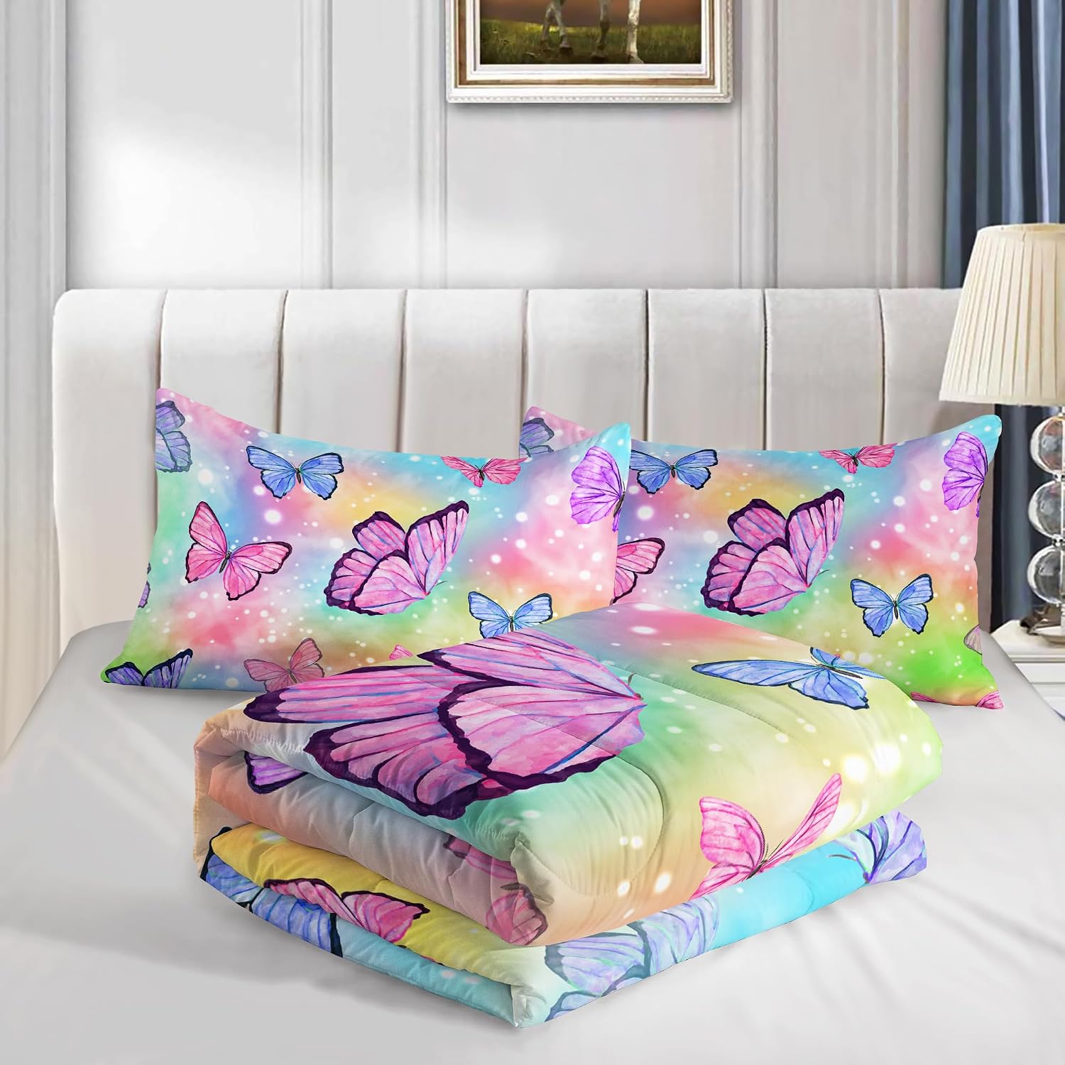 Sunshine Watercolor Butterfly Comforter Set - Rainbow Bedding with 1 Comforter and 2 Pillowcases for Boys and Girls Bedroom - All Season Queen