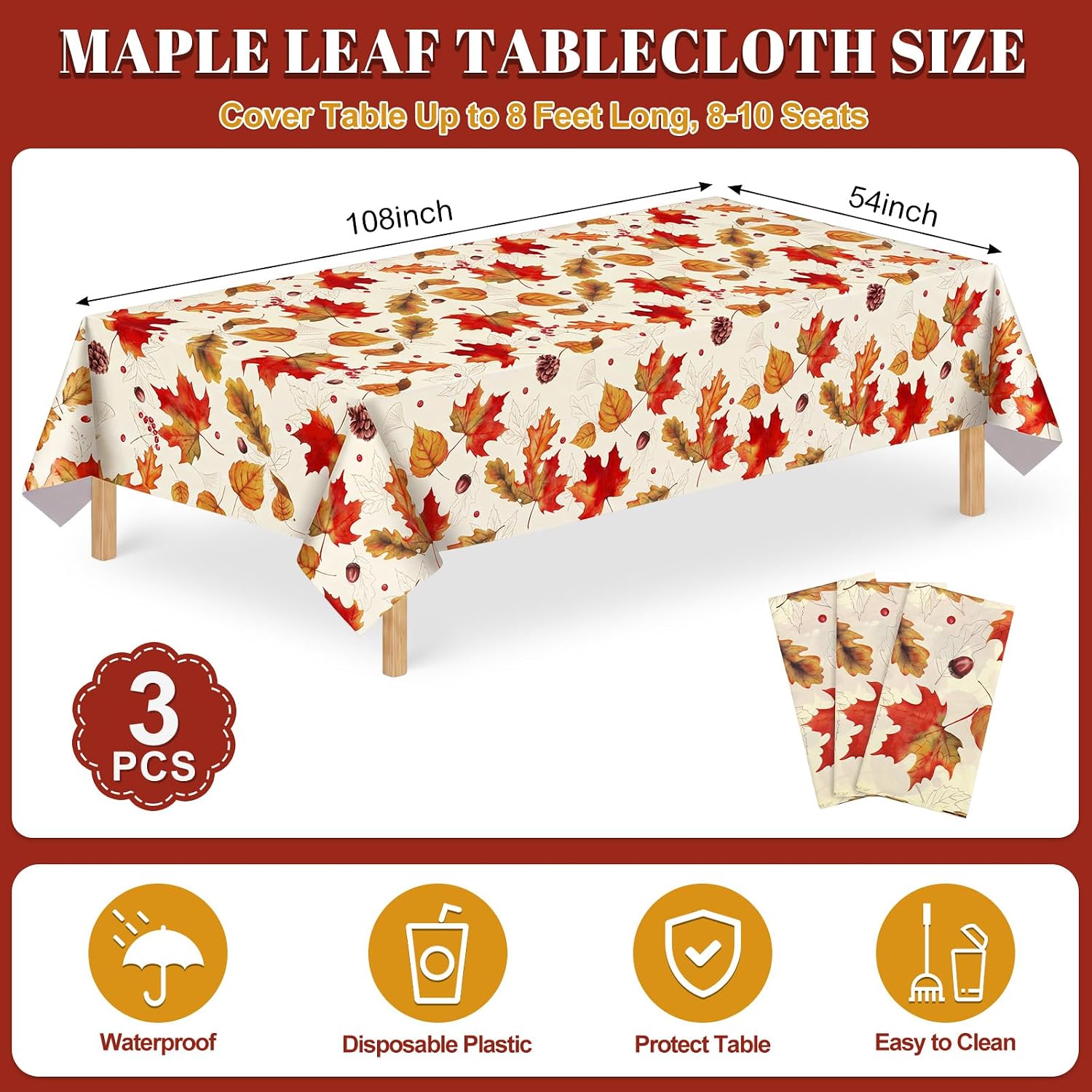 3Pack Fall Plastic Tablecloths, 54 X 108In Autumn Maple Leaves Tablecloth