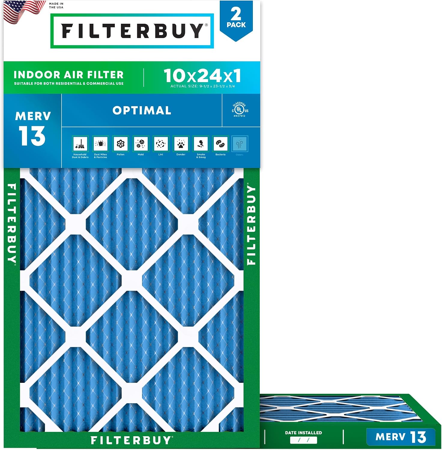 Filterbuy 10x24x1 Air Filter MERV 13 Smoke & Allergy Defense (2-Pack)