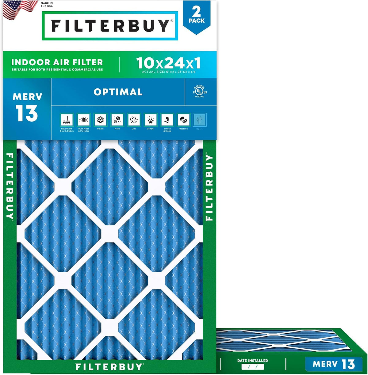 Filterbuy 10x24x1 Air Filter MERV 13 Smoke & Allergy Defense (2-Pack)