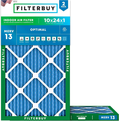 Filterbuy 10x24x1 Air Filter MERV 13 Smoke & Allergy Defense (2-Pack)