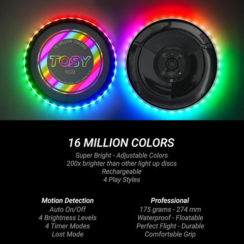 TOSY Flying Disc - 16 Million Colors RGB or 36 LEDs, Extremely Bright, Smart Modes, Camping Essentials for Teens/Kids/Adults/Men/Boys/Girls, Auto Light Up, Rechargeable, Waterproof, 175g