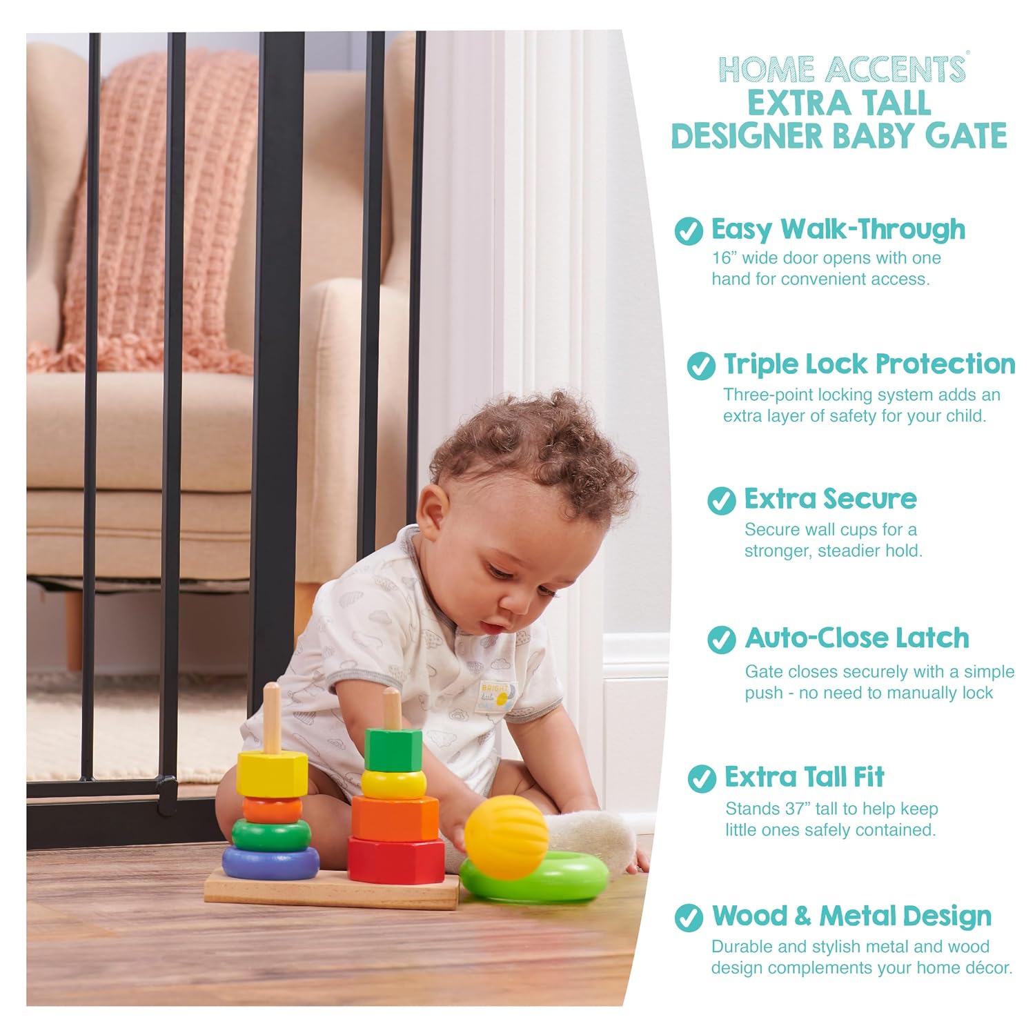 Regalo Safety 37" Extra Tall Baby Gate, Bottom of Stairs & Doorways