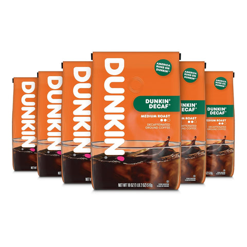 Dunkin’ Decaf Medium Roast Ground Coffee, 18 Oz. Bags (Pack of 6)