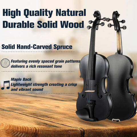 Mendini By Cecilio Violin 4/4 Full Size For Beginners - Fiddle Solidwood Kit with Hard Case - Acoustic Violins with Bow, Rosin, Tuner, Extra Strings & Bridge, Shoulder Rest and Lesson Book (Black)