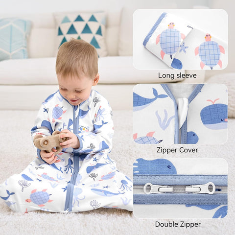 Baby Sleep Sack 0-6 Months, Long Sleeve Baby Wearable Blanket 0.5 Tog with Mittens, 2-Way Zipper Newborn Cotton Sleeping Sack for Boy and Girl Blue Whale 2 Pack (Small)
