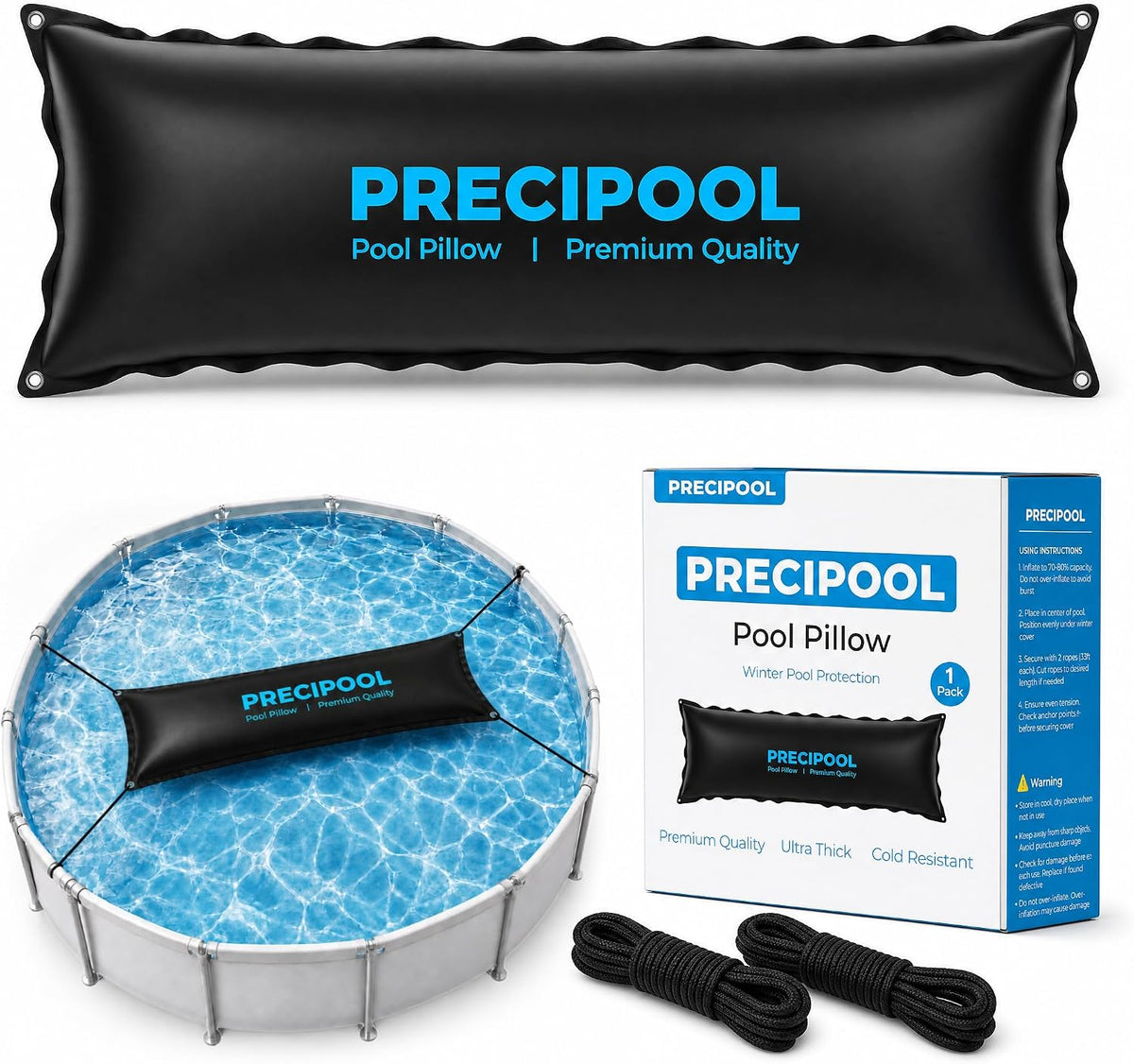 Pool Pillow for Above Ground Pools 4x15 Ft, Large Winter Pool Pillow for Winterizing Closing, Heavy-Duty Durable Thick Cold Resistant Pool Air Pillow, Pool Balloons Pool Cover Pillow with Ropes, Black