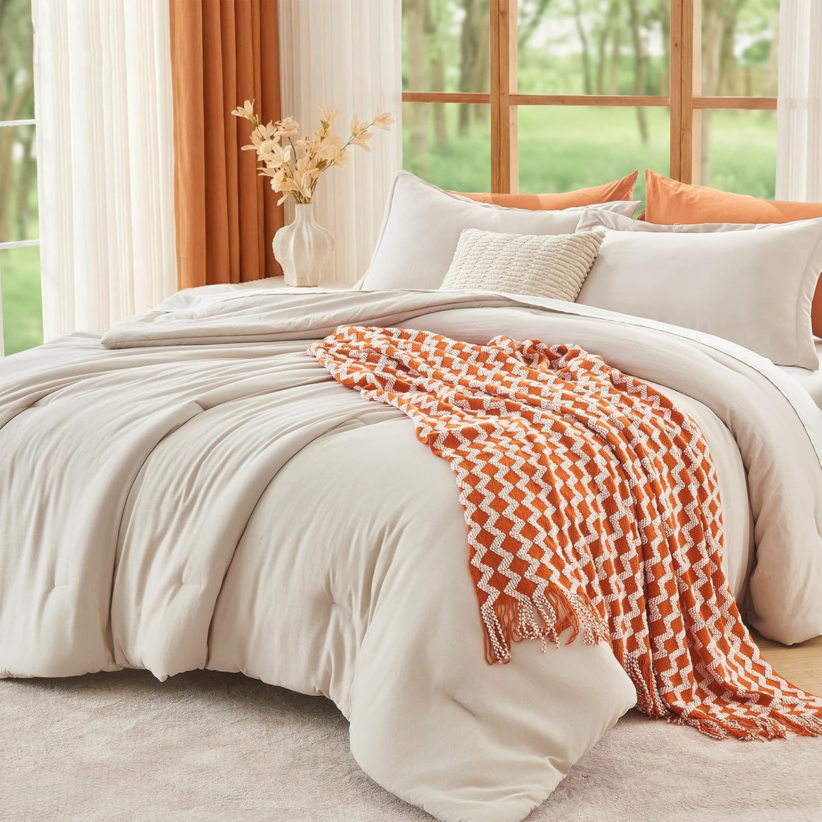 MUXHOMO Oversized King Comforter Set, 3-Piece All-Season Bedding, Beige
