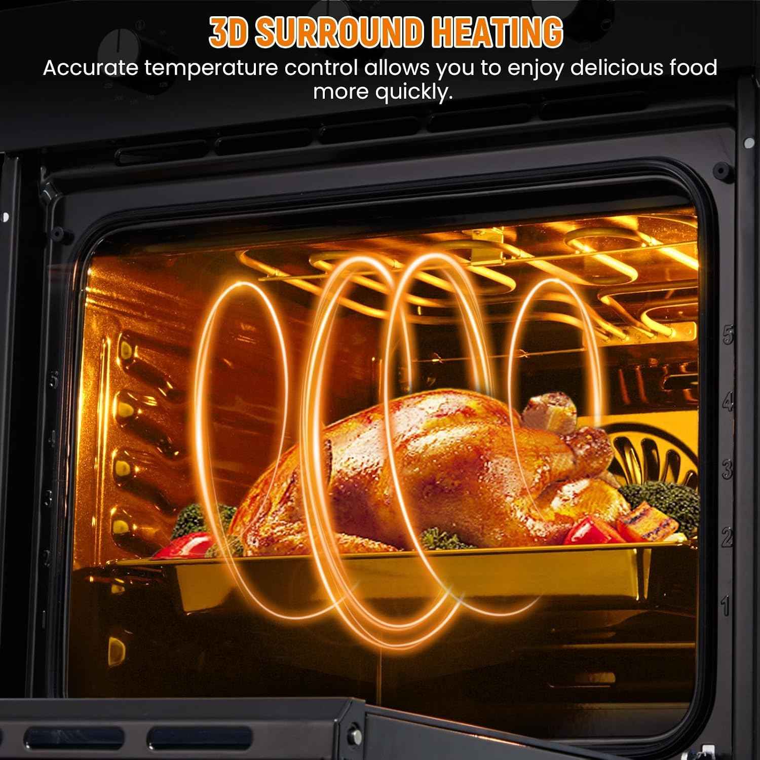 24" Electric Single Wall Oven - Food-grade Enamel Cavity, 8 Cooking Functions, 3000W 3D Convection Heat, 2.3 Cu.Ft Stainless Steel with Stepless Temp Control & Touch Control (Black)