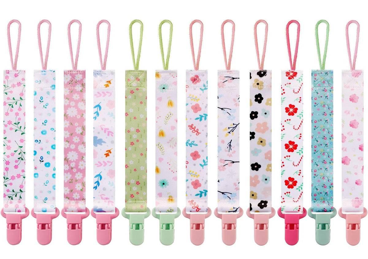 12 Pack Pacifier Clips with Adjustable Strap (32-46.5cm)/Short Strap(25.5cm) - Premium Polyester Baby Pacifier Holder Set, Multi-Design Clips for Boys Girls (Multicolor D 25.5cm)