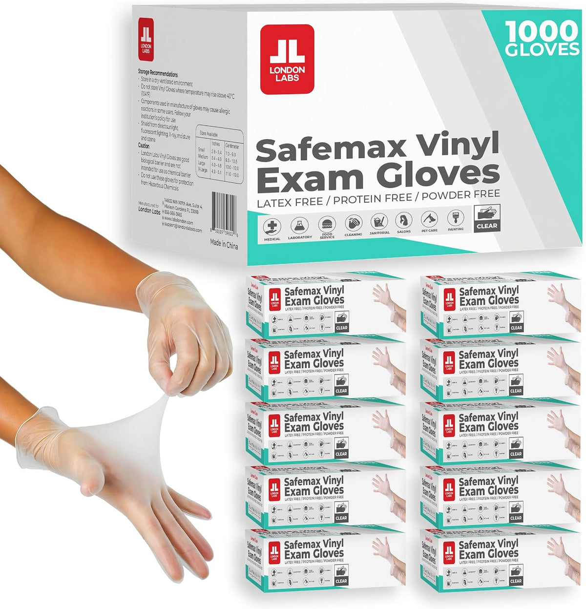 London Labs Medical Clear Vinyl Gloves Powder Free & Latex Free, Disposable, Food Safe