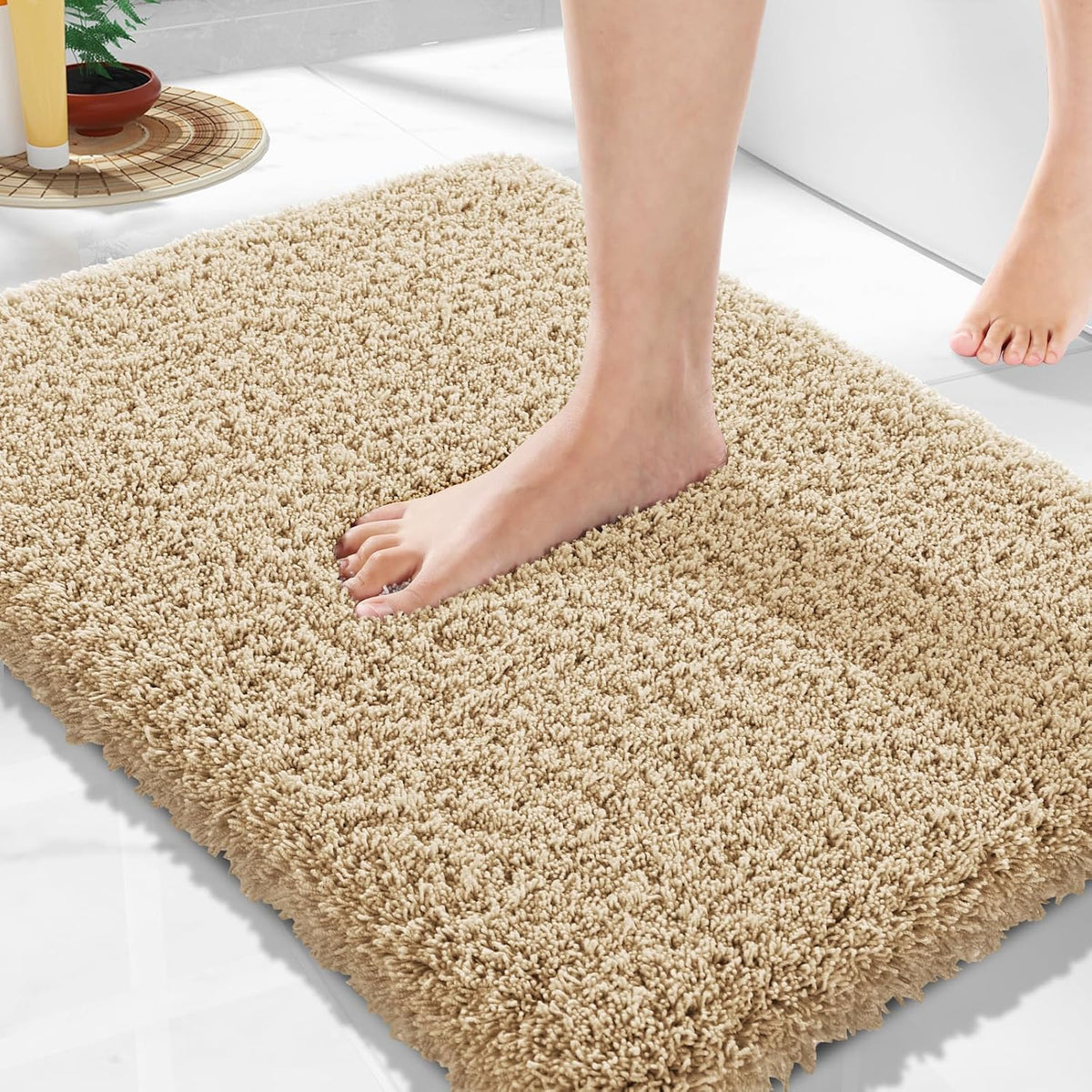 Yimobra Bathroom Rugs Non Slip Washable, Ultra Soft and Water Absorbent Bath Mats, Plush Fluffy Shower Mat Outside, Dries Quickly, Microfiber Thick Matts for Bathroom Floor/Sink, 24X17, Pure Beige