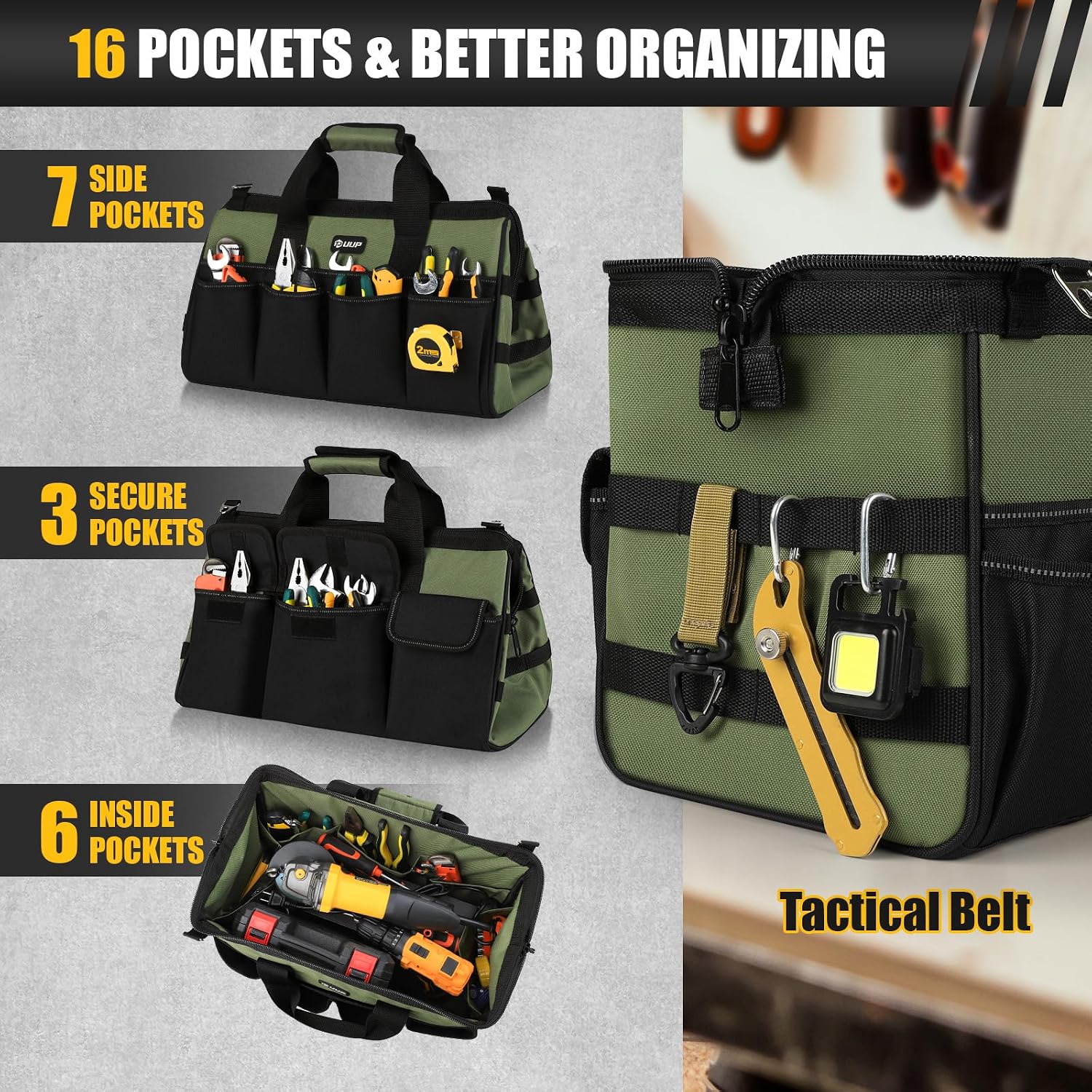 UUP 18" Large Tool Bag, Heavy Duty Spacious Carry Tool Box Organizer, Green