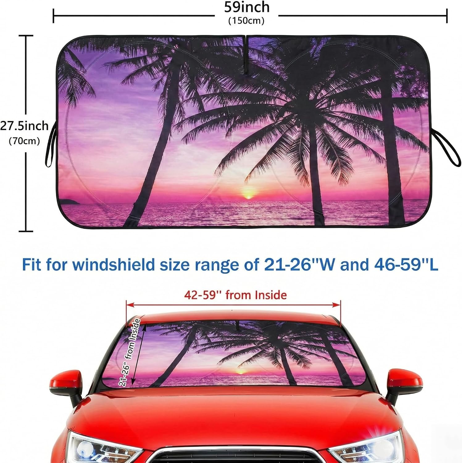 Car Windshield Sun Shade, Universal Fit Compact Sedan SUV, Vacation Style