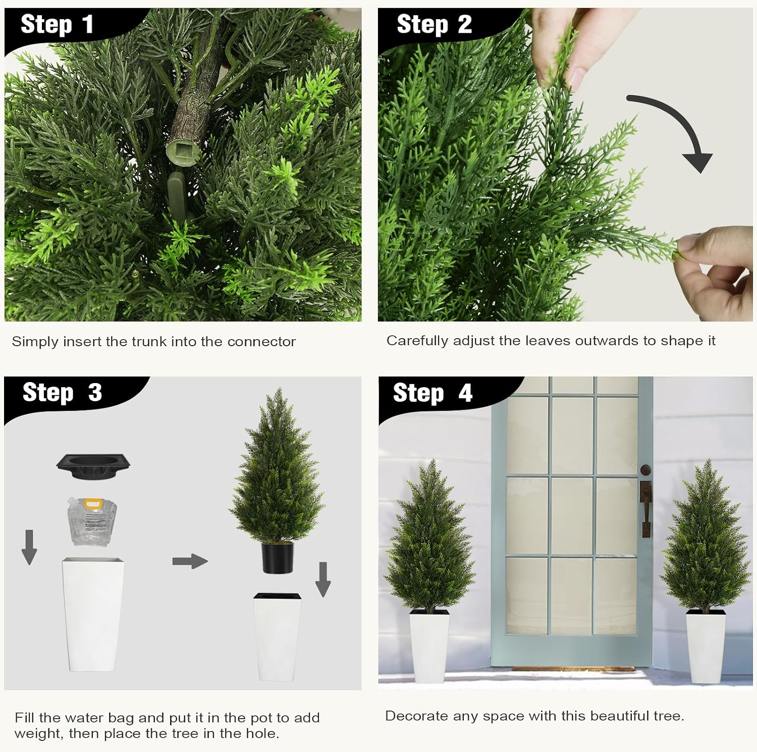 4FT Tall 2 Pack Artificial Cedar Topiary Trees with Compact Pyramidal Shape, Realistic Faux Cypress in Square White Pot with Fillable Water Bag, Outdoor Evergreen for Front Porch Garden Home Decor