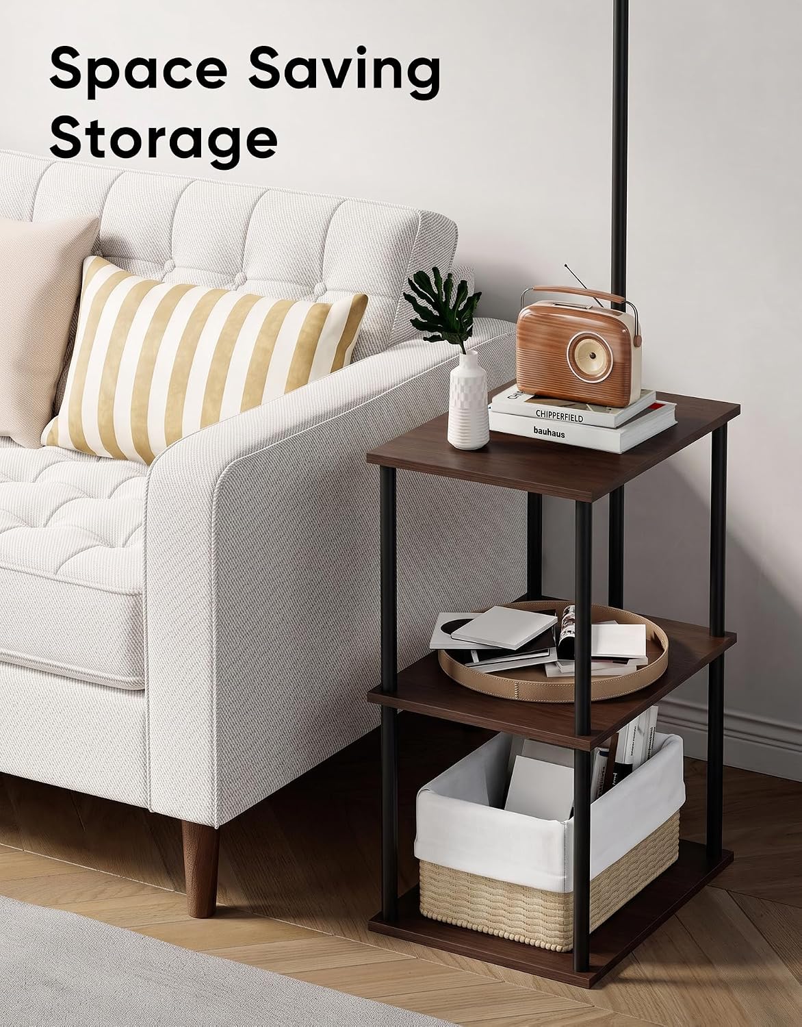 PARTPHONER Floor Lamp with Table, Night Stand with Lamp, Narrow Side Table with 3CCT LED Bulb, Small Coffee Table, Modern End Table with Storage Shelves for Living Room Bedroom, Walnut Brown