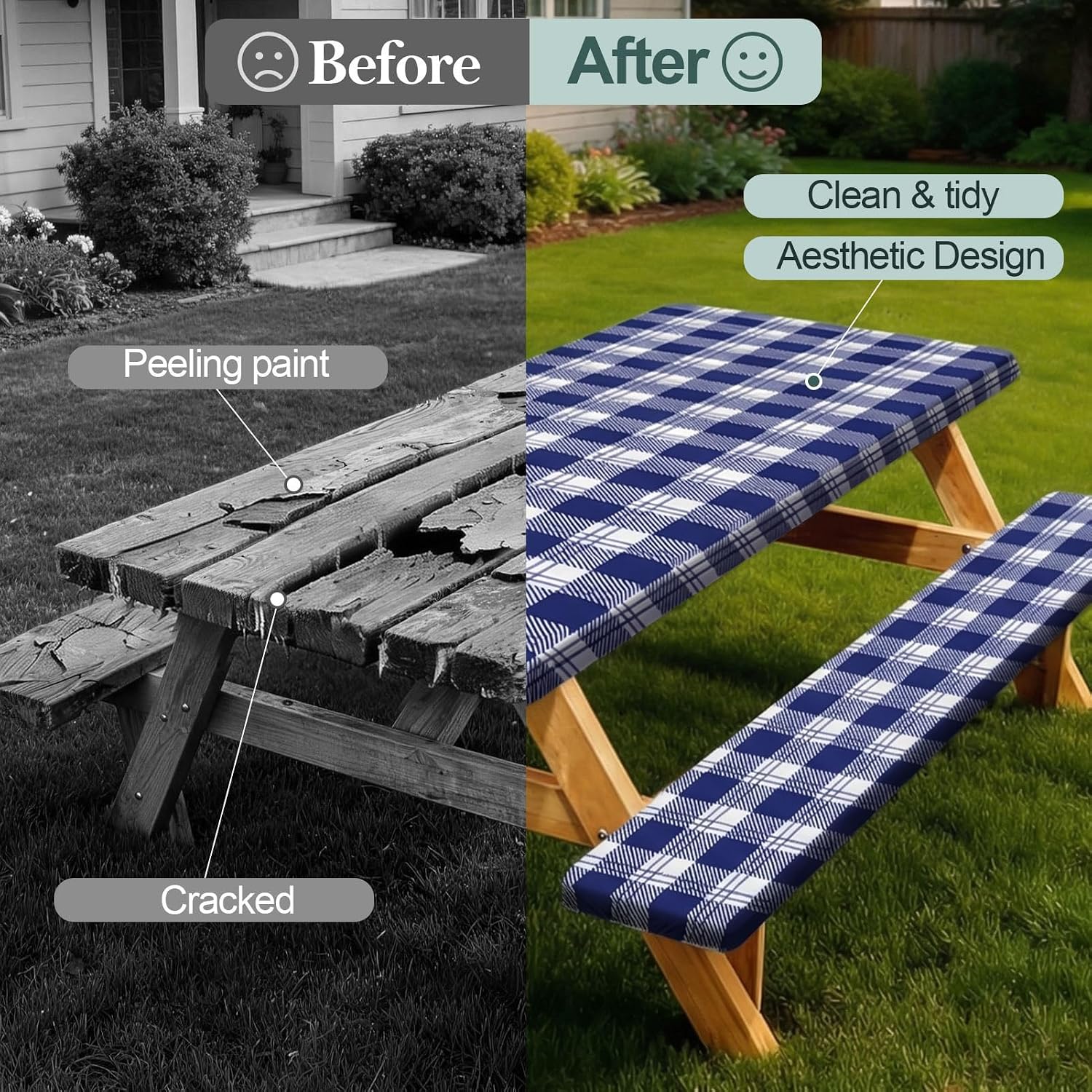 Picnic Table Cover with Bench Covers Camping Essentials Waterproof Windproof Camping Tablecloth with Drawstring Bag, Fitted Rectangle Tables and Seats, 72in, Blue Checkered