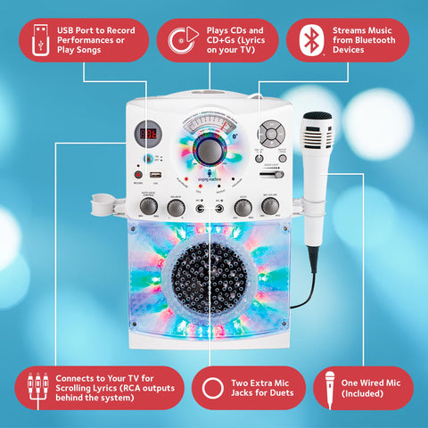 Singing Machine Portable Karaoke Machine for Adults & Kids with Wired Microphone, White - Built-In Speaker, Bluetooth with LED Disco Lights - Karaoke System with CD+G Player & USB Connectivity