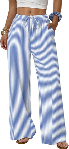 Sampeel Wide Leg Pants for Women Flowy Palazzo Drawstring Elastic Waist Trousers with Pockets Summer Beach Vacation Clothes