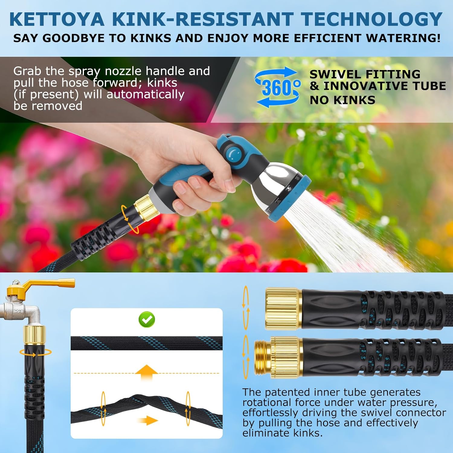 Non-Expanding Garden Hose 25 ft, Kink Free Flexible Water Hose with 10-Pattern Spray Nozzle, Lightweight Hose Pipe, Leak Proof, 3/4" Swivel Connectors, Super Fabric, Portable Storage Strap
