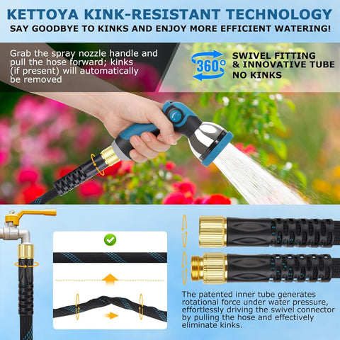Non-Expanding Garden Hose 25 ft, Kink Free Flexible Water Hose with 10-Pattern Spray Nozzle, Lightweight Hose Pipe, Leak Proof, 3/4" Swivel Connectors, Super Fabric, Portable Storage Strap