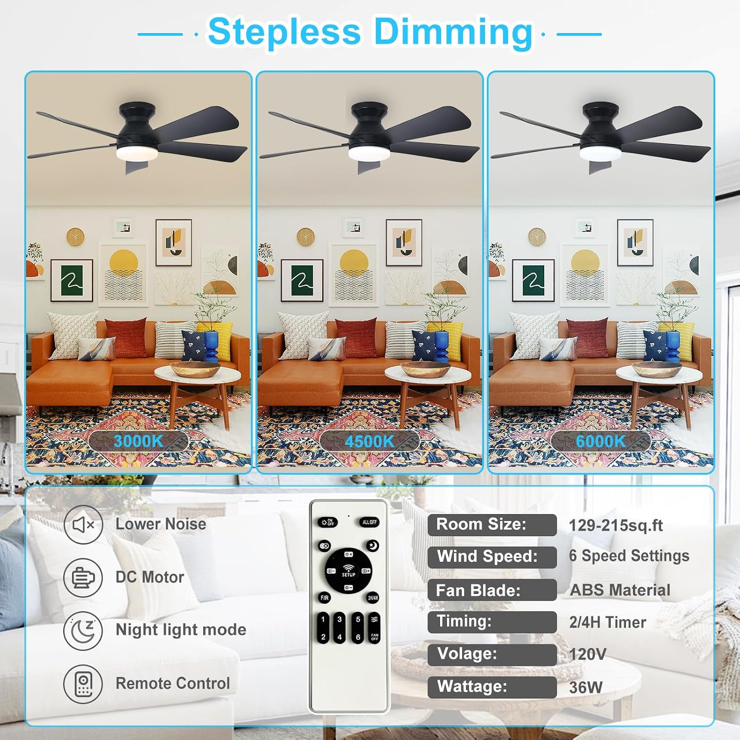 Depuley Modern Ceiling Fan with Light: 42-Inch Black Small Fans for Bedroom Indoor Outdoor - Dimmable Low Profile Ceiling Fans with Remote Control Flush Mount 5 Reversible Black Blades 6 Speeds Timer