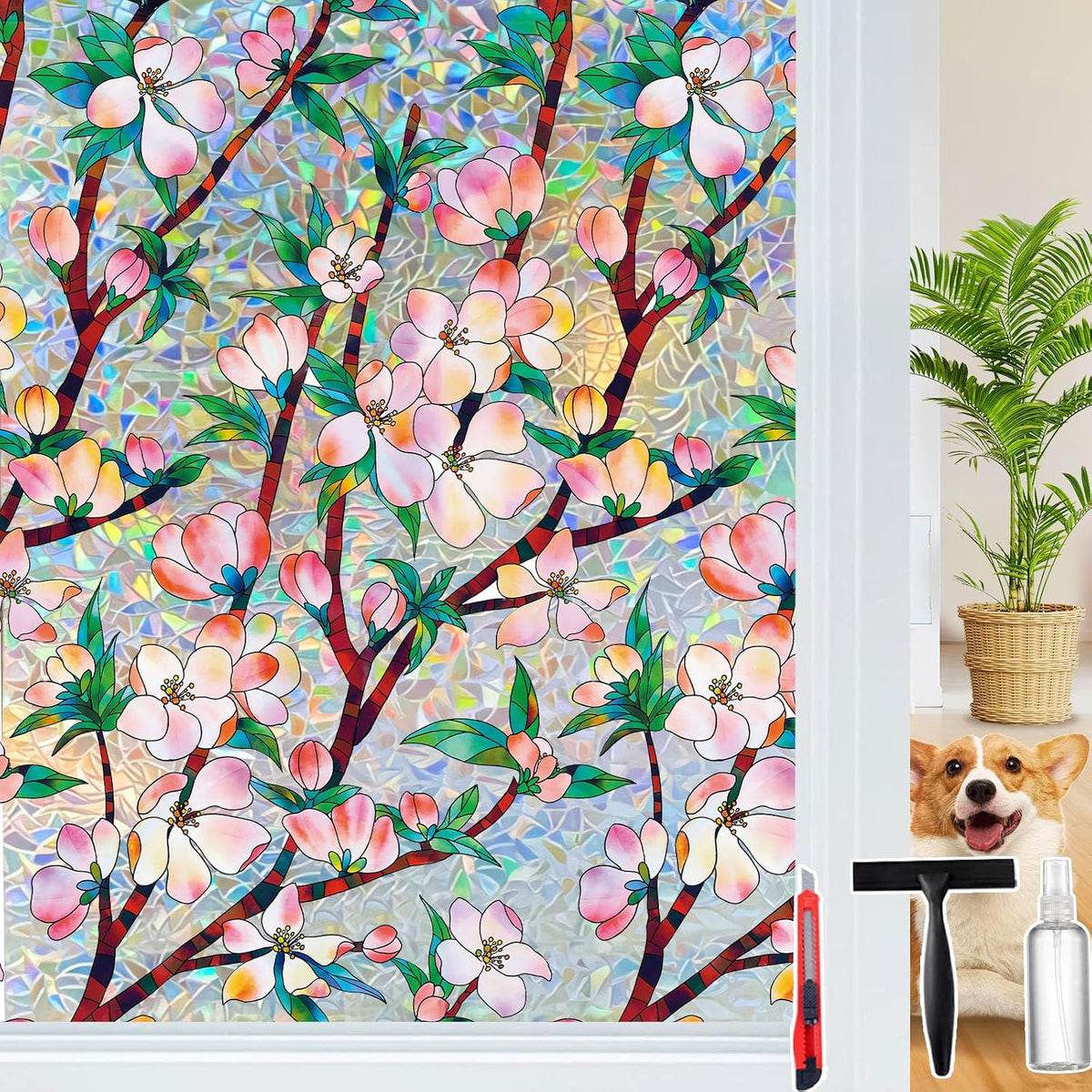 Rainbow Window Privacy Film Decorative Window Sticker, 3D Static Stained Glass Cling Tint for Home Heat Control Non-Adhesive, 35.4 Inch * 78.74 Inch