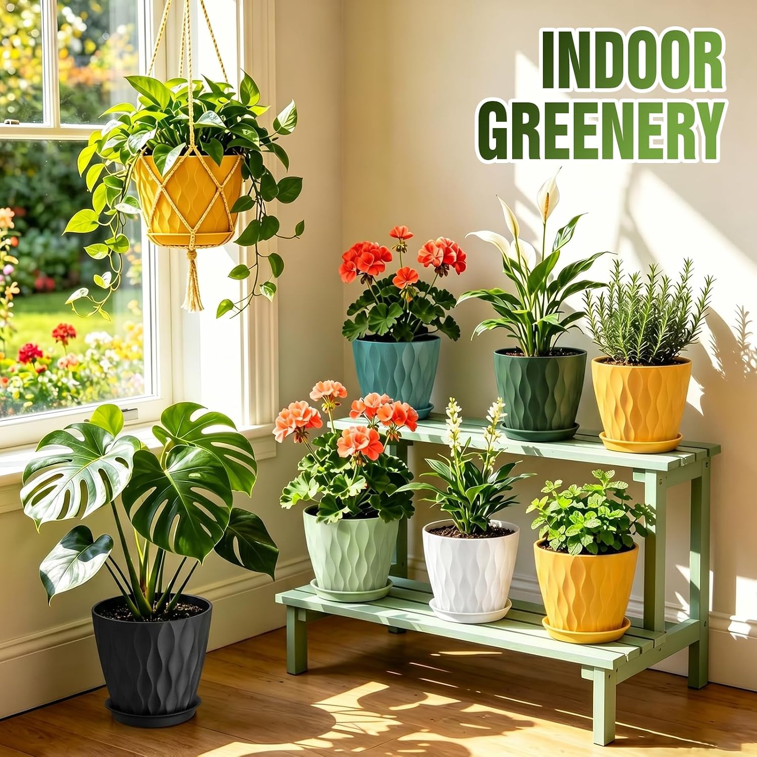 8 Inch Plant Pots 4 Pack Plastic Planters with Drainage & Saucers