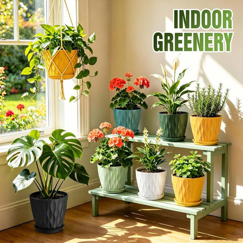 8 Inch Plant Pots 4 Pack Plastic Planters with Drainage & Saucers