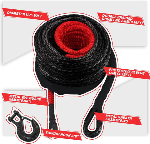 TYT Synthetic Winch Rope Kit - 1/2" x 92' with 32000 lbs Strength, Protective Sleeve, Heavy Duty Hook and Safety Pull Strap for Off-Road 4x4 Vehicles, Trucks (Black)