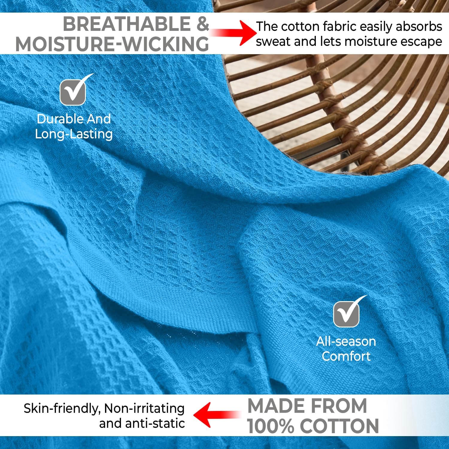 100% Cotton Blankets for Bed - Waffle Weave Blankets for Summer, Lightweight and Breathable Soft Woven Blanket for Spring (Aqua, Throw (50" x 60"))