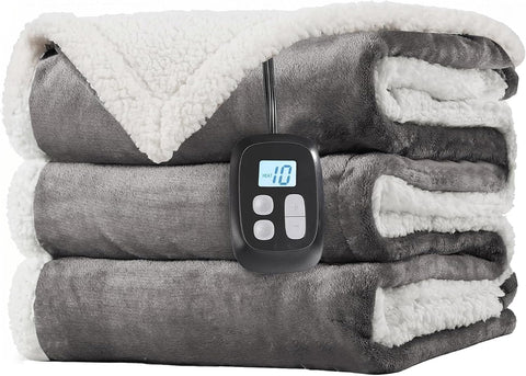 LaffyLo Electric Heated Blanket Full Size 72"x 84", Flannel & Sherpa for Bed, Sofa and Couch, ETL Certified, 10 Heat Settings, 1-12H Timer, Overheat Protection, Machine Washable, Light Grey