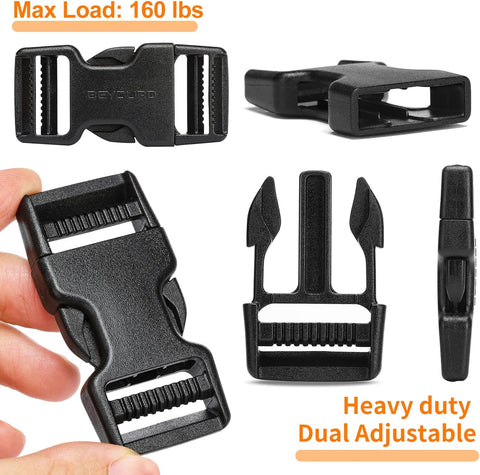 BEYOURD Buckles and Straps Set 1": 6 Yards of Thick Nylon Webbing, 6-Pack Heavy Duty Adjustable Quick Side Release Plastic Buckles, 12 Tri-Glide Slide Clips, Black (1-Inch Combo Set)