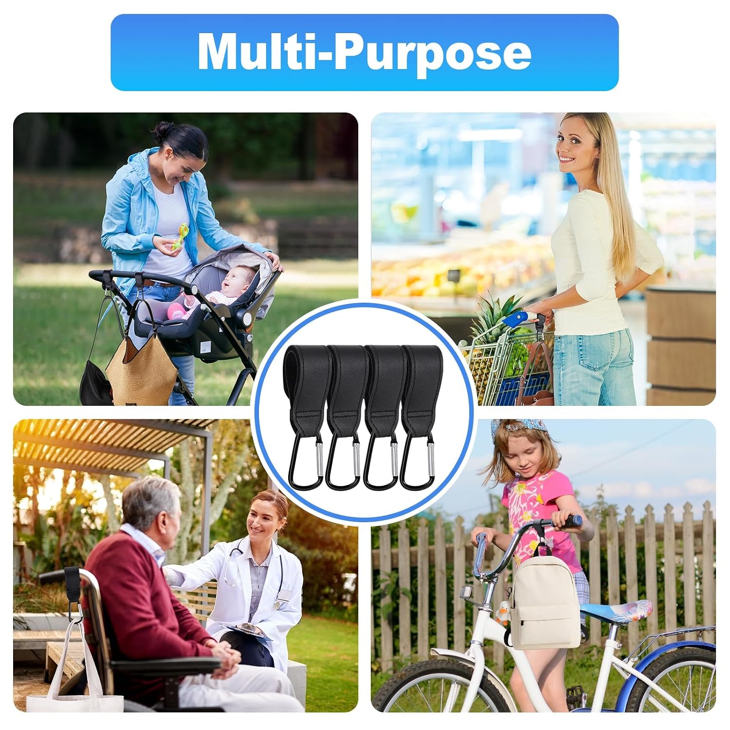 4 Pack Stroller Hooks, Non-Slip Carabiner Clips for Baby Stroller