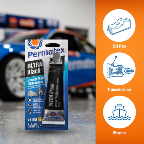 Permatex 82180 Ultra Black Maximum Oil Resistance RTV Silicone Gasket Maker, Sensor Safe and Non-Corrosive, for High Flex and Oil Resistant Applications 3 oz
