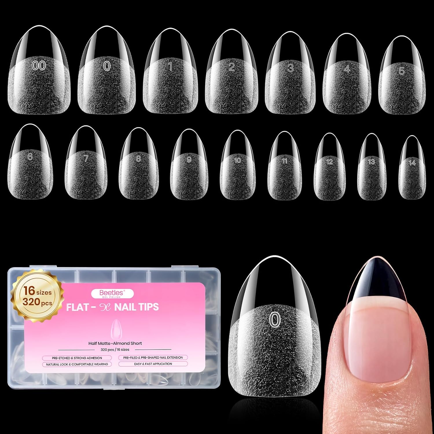 Beetles Short Almond Nail Tips, 320pcs 16 Sizes(00-14) Pre-Etched Flat-X