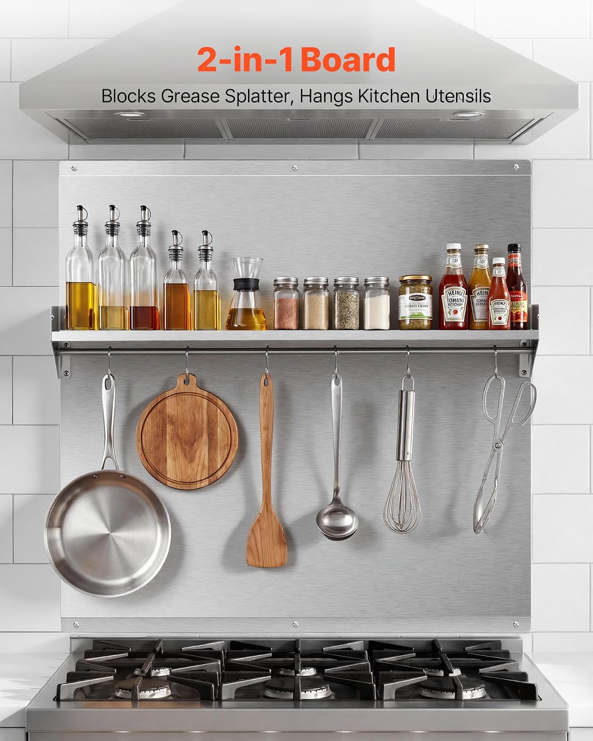 VEVOR 30" x 30" Stainless Steel Backsplash for Stove, Ultra Flat Splatter Guard with Storage Shelf & Hanging Rack, Wall Shield Range Hood Panel, Easy Clean, Pre-Drilled Holes for Easy Installation