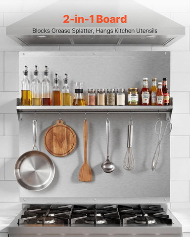 VEVOR 30" x 30" Stainless Steel Backsplash for Stove, Ultra Flat Splatter Guard with Storage Shelf & Hanging Rack, Wall Shield Range Hood Panel, Easy Clean, Pre-Drilled Holes for Easy Installation