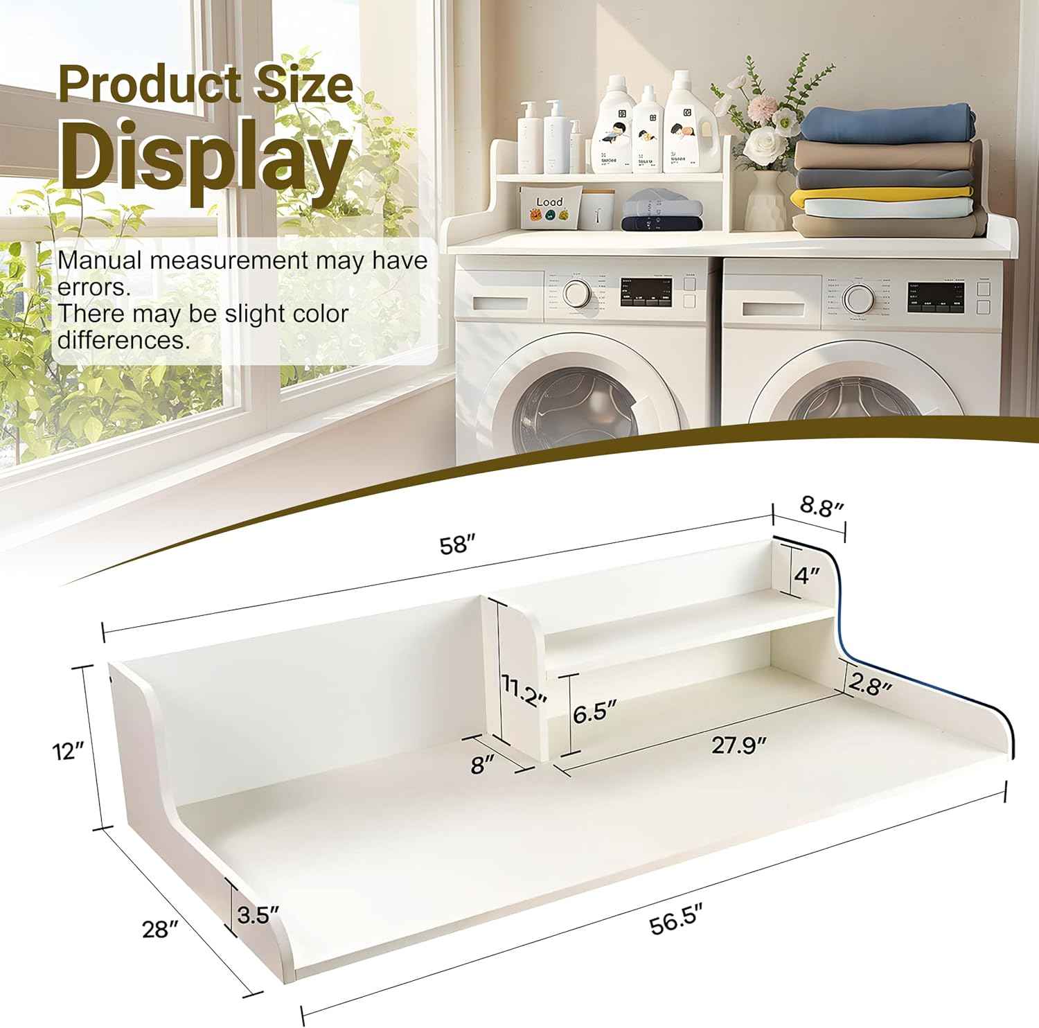 Washer Dryer Countertop with Shelf, 2 Tier Laundry Countertop Organizer, Wooden Washer and Dryer Topper with Raised Edge for Folding, Sorting & Storage Black 28" D x 58" W x 12" H