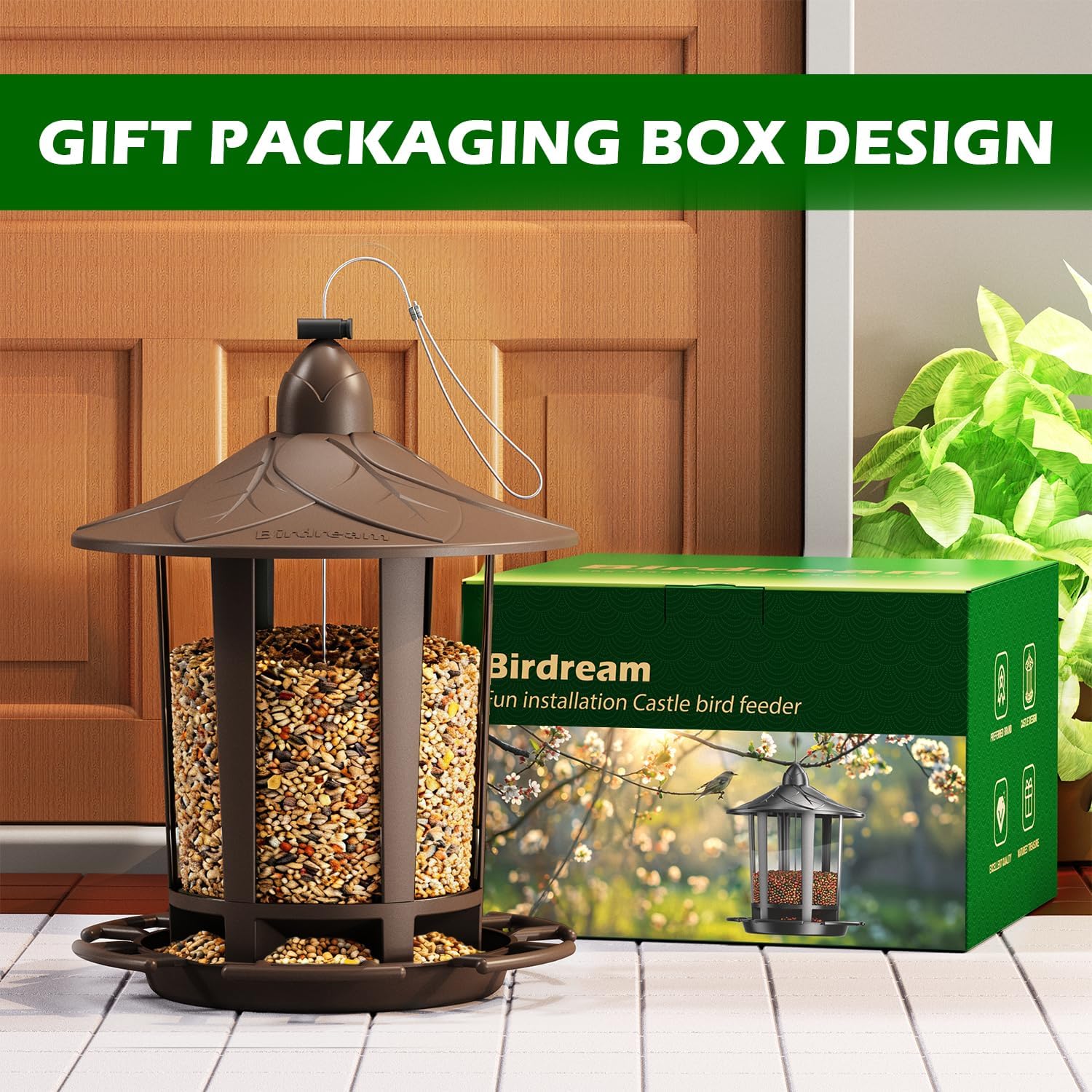 Birdream Bird Feeders for Outdoor Hanging, Assembly Required, 1-Min Easy Setup, Charming Castle Design, Attracting Cardinals Chickadees Goldfinches & Sparrows - Brown