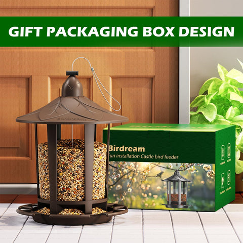 Birdream Bird Feeders for Outdoor Hanging, Assembly Required, 1-Min Easy Setup, Charming Castle Design, Attracting Cardinals Chickadees Goldfinches & Sparrows - Brown