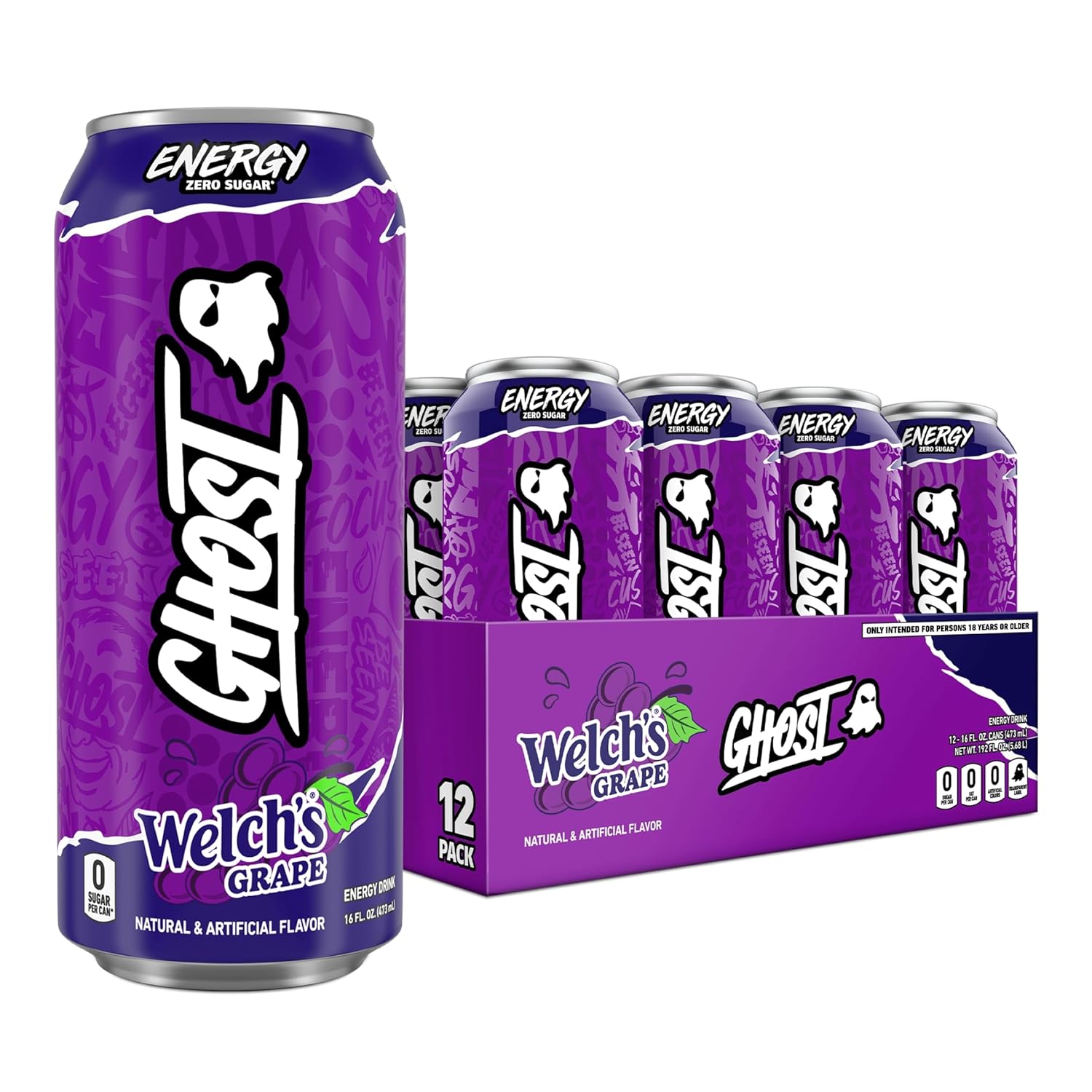 GHOST Energy Drink, Zero Sugars, 12-Pack, Welch's Grape, 16oz