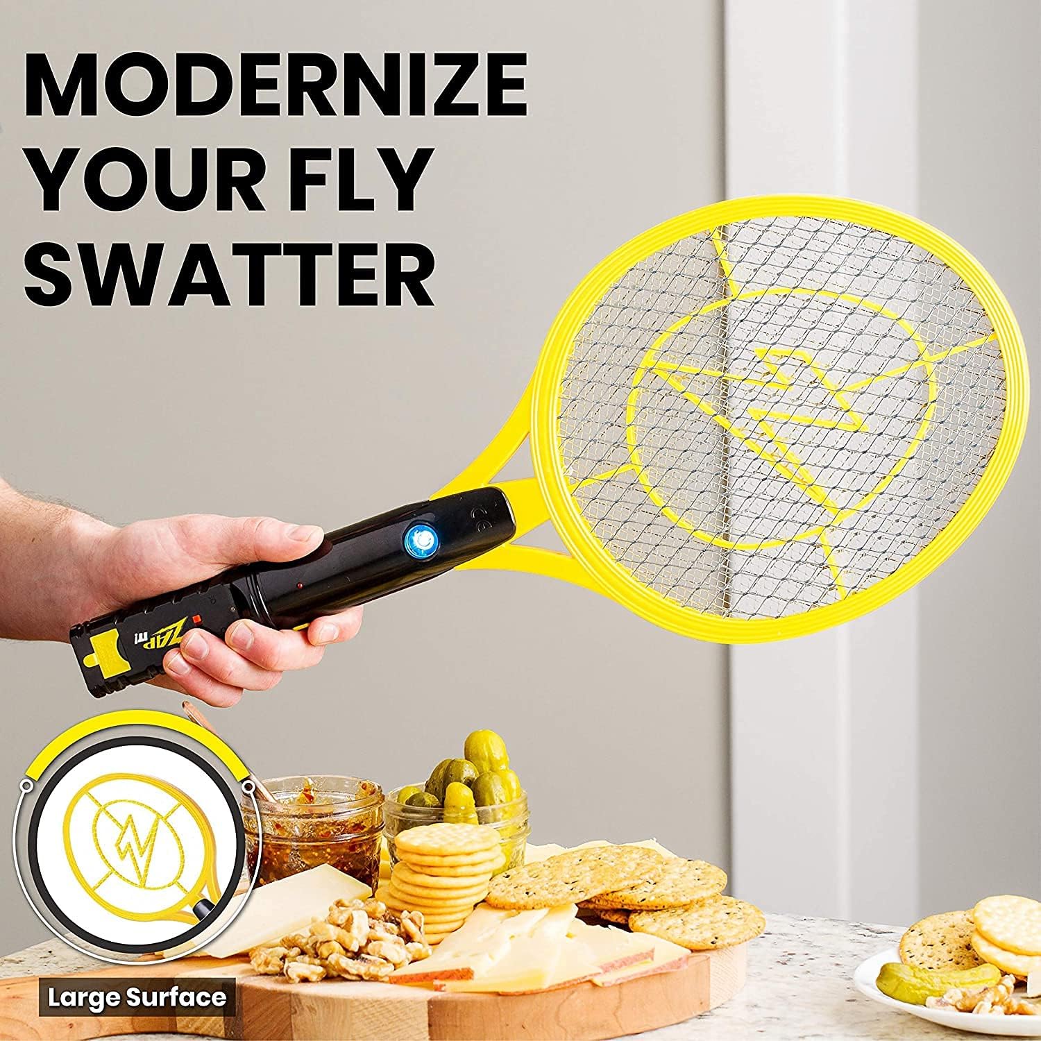 ZAP IT! Rechargeable Electric Fly Swatter Racket - 4,000-Volt Mosquito Zapper with USB Charging Cable and Super-Bright LED Light -Small- Safe 3-Layer Mesh, Yellow, Bug Zapper for Indoors and Outdoors