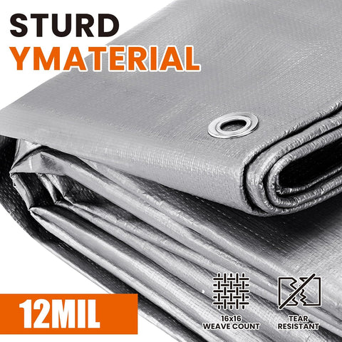 Tarp Heavy Duty 24x24 FT, 12 Mil Thick Large Tarps Water-Proof with Grommets, UV& Tear Resistant, Plastic Cover for Pool Roof Tent Outdoor Firewood, Silver& Brown