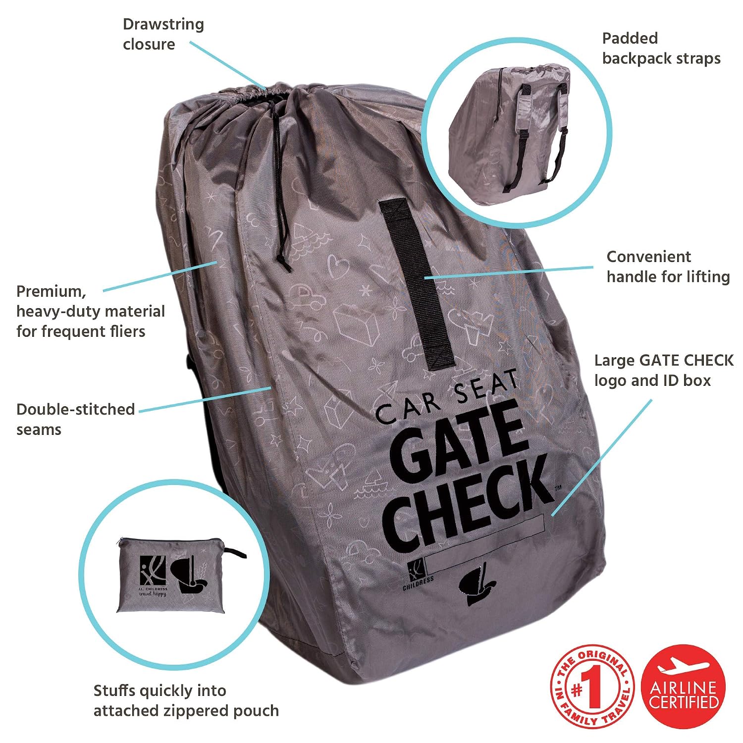 J.L. Childress Gate Check Travel Bag & Backpack for Car Seats, Deluxe, Grey